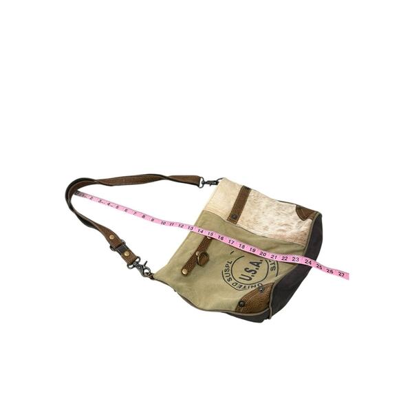Myra Bag Factual Upcycled Canvas & Cowhide/Fur Shoulder Messenger Purse - Picture 4 of 8